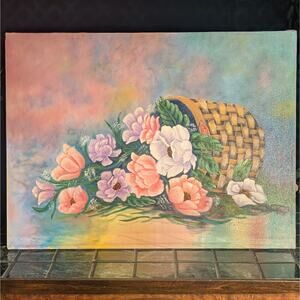 24x18 Vintage Unframed Original Oil Painting Pink & Purple Flower Basket, Melba